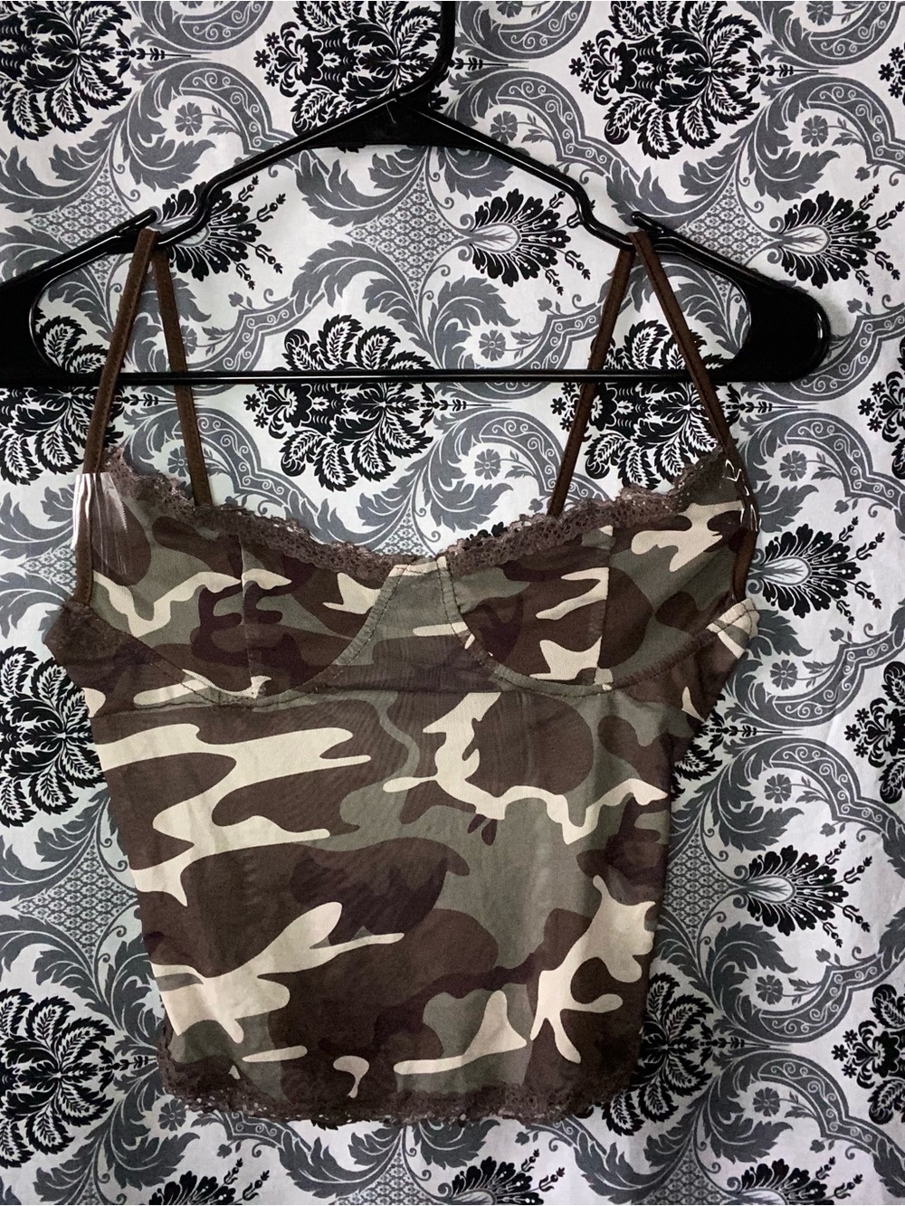 Camouflage Lace Trim Cami Tank Top - Green/Brown